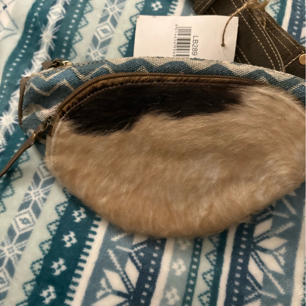 New 100% leather and cowhide. Boho Chic Waist Bag with Blue Pattern.